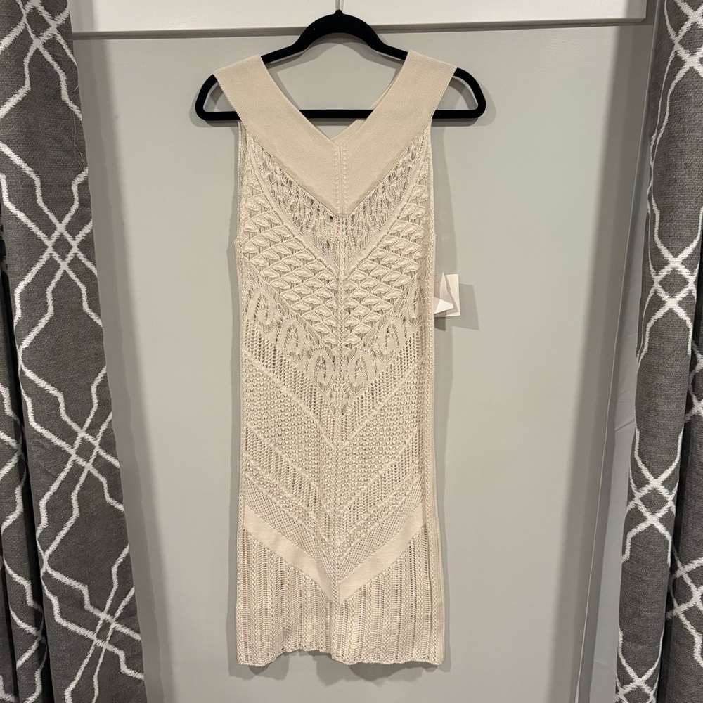 NWT Fuzzi Women’s Crochet Ivory V-Neck Dress Italy Small Boho Chic Body Con